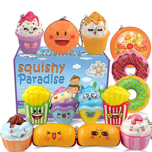POKONBOY Squishies Donut Squishy Toys, 14 Pack Food Squishies Kawaii Cute Donuts & Ice Cream & Pizza Slow Rising Creamy Scent Stress Relif Squishies Pack Party Favors Decorative with Key Chain