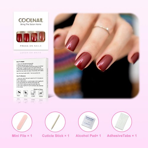 CoolNail Red Wine False Nails Tips Solid Color Square Full Cover Nail Tips Artificial False Fake Nails DIY Salon