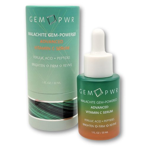 GEM PWR Advanced Vitamin C Serum with Malachite Gemstone Extract, Hyaluronic Acid, Niacinamide, Peptides & Ferulic Acid - Hydrating, Skin Brightening, Targets Fine Lines, Wrinkles & Dark Spots (1 oz)