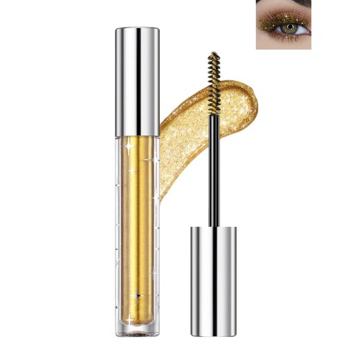Glitter Mascara for Eyelashes, Sparkling Gold Colored Mascara Waterproof Long Lasting Diamond Mascara, Smudge-Proof No Clumping Colorful Eyes Makeup for Women Wedding Stage Music Festival (02#Gold)