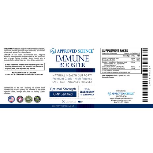 Approved Science® Immune Booster - Extra Strength Support - Elderberry Extract, Echinacea, Vitamin D3 and C, Zinc - All Natural - 60 Capsules - 1 Month Supply