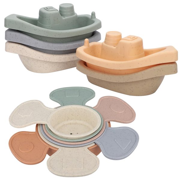 Stackable Bath Boats with Bathing Spoons, 11Pcs Floating Bathtub Toy Mold Free Bath Toys for Toddlers Baby Kids Preschool Boys Girls Shower Gifts