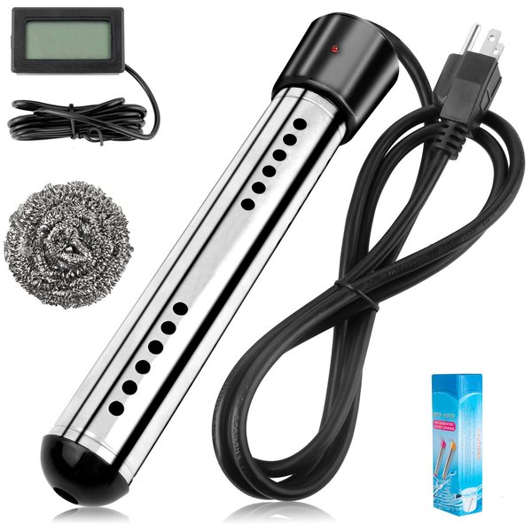 Immersion Water Heater, 2000W Portable Bucket Water Heater with LCD Thermometer, Stainless Steel Guard Submersible Water Heater, Heat 5 Gallons of Water in Minutes for Bathtub