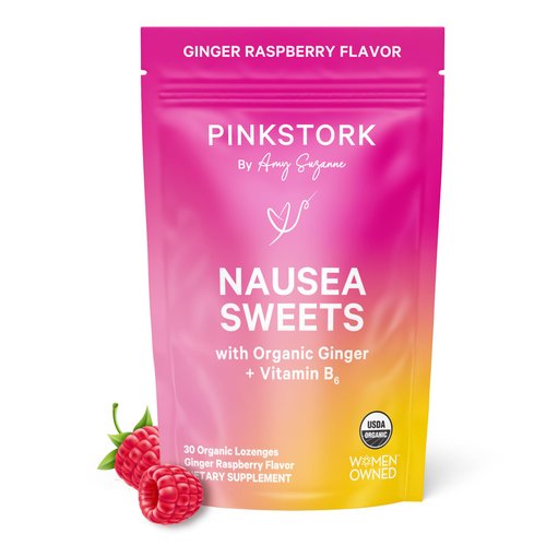 Pink Stork Organic Ginger Raspberry Sweets with Vitamin B6 for Morning Sickness and Motion Sickness, Added Ginger & Vitamin B6, 1st Trimester Pregnancy Must Haves - 30 Wrapped Candies