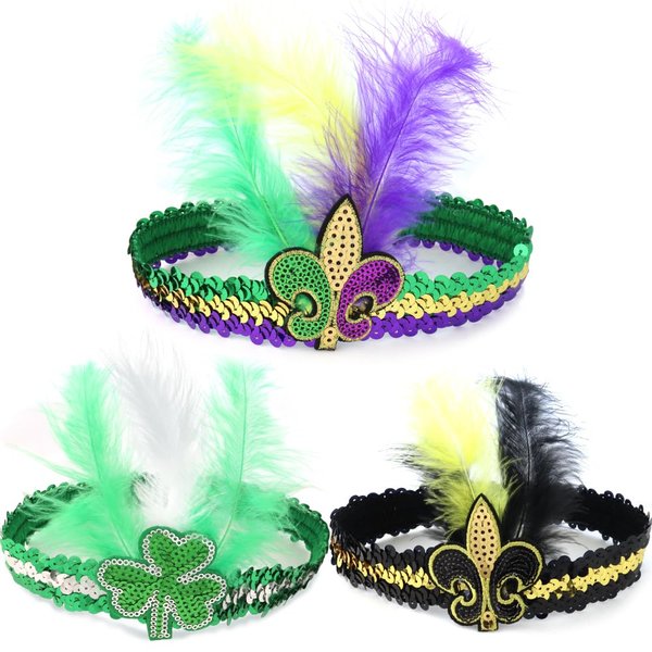 NODG 3 Pieces Mardi Gras Fluer Di Lis Headband, Sequins Hair Bands Feather Headdresses Hair Bands Cross, Sequin Headband for New Orleans Masquerade Mask
