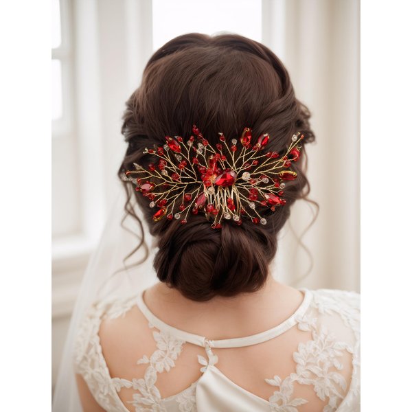 Asphinien Handmade Vintage Crystal Wedding Hair Combs Bride Bridesmaid Ruby Sapphire Emerald Crystal Headband with Comb for Wedding Bridal Side Combs for Women (Red)