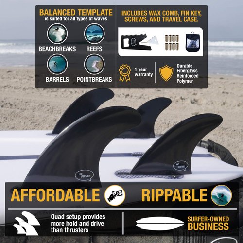 Ho Stevie! FRP Quad (4) Surfboard Fins - Stronger Than Regular Nylon Fins - includes Fin Bag, Screws, Wax Comb and Fin Key (Black, Single Tab)