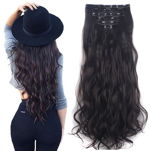 LELINTA 7Pcs 16 Clips 24 Inch Wavy Curly Full Head Clip in on Double Weft Hair Extensions Dark Brown