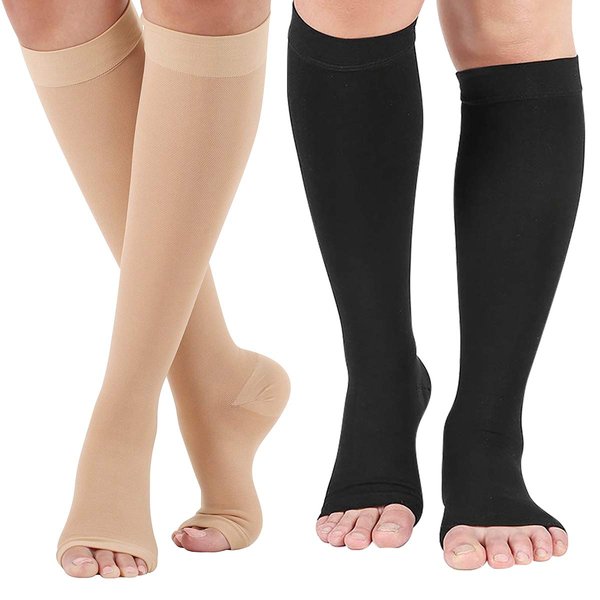Open Toe Compression Socks 2 Pairs 20-30 mmHg Knee High Support Stockings Toeless for Men or Women Support Pregnancy, Running, Sports, Flight Travel with Free Auxiliary Wear Socks XL