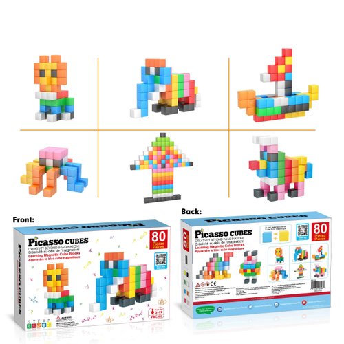 PicassoTiles Magnet Cube Building Blocks 80 Pieces 1.2" 3CM Magnetic Cubes Toy Construction Building Educational Sensory Toys with Idea Booklet for School & Preschool Kids Boys Girls Toddlers PMC302