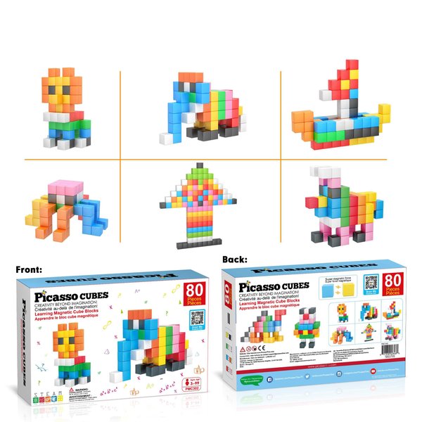 PicassoTiles Magnet Cube Building Blocks 80 Pieces 1.2" 3CM Magnetic Cubes Toy Construction Building Educational Sensory Toys with Idea Booklet for School & Preschool Kids Boys Girls Toddlers PMC302