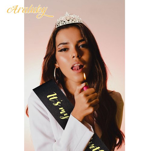 Araluky Sweet 16 Birthday Decorations for Girls with Sweet 16 Sash and Tiara, Sweet 16 Party Decorations 16th Birthday Sash and Crown Set Sweet 16 Gifts for Girls-Gold