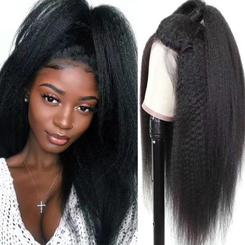 Selina Kinky Straight Wig 4x4 Lace Closure Wigs Human Hair Yaki Straight Wig Lace Closure Wig Brazilian Human Hair Wigs For Black Women 180% Density Wig Natural Color (20inch, Kinky Straight Wig)