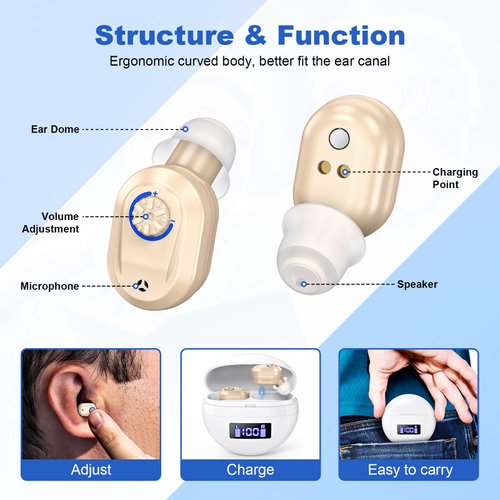 Rechargeable Hearing Aids for Seniors，OTC Invisible Digital Into Ear Hearing Loss for Adults,Sound Amplifiers with Intelligent Noise Reduction, with LED Power Display Charging Box. (Brown)