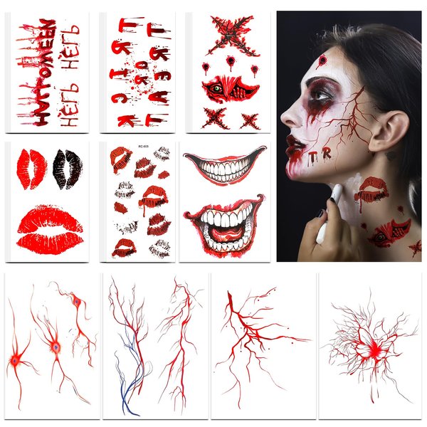40 Sheets Halloween Stitch Tattoos, Prank Makeup Temporary Tattoos, Red Bleeding Lips Scary Clown Horror Mouth Tattoo Vampire Makeup for Kids Girls Adult Women Face Body Halloween Decorations