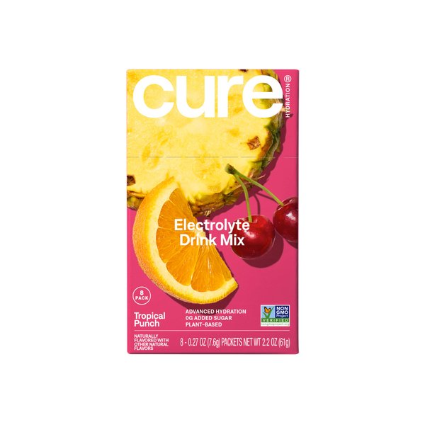 Cure Hydration | Plant-Based Electrolyte Drink Mix | No Added Sugar | Dehydration Relief Powder Made with Coconut Water | Non-GMO | Vegan | Gluten Free | Box of 8 Packets - Tropical Punch
