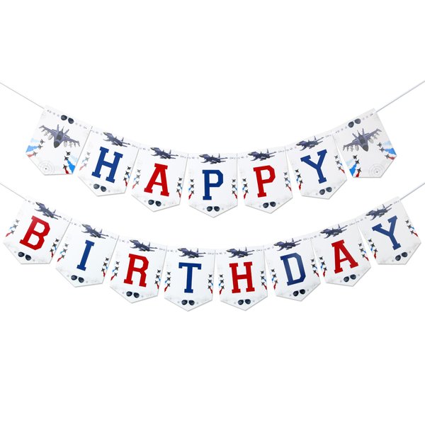 Fighter Pilot Happy Birthday Banner, Red and Blue Fighter Jet/Airplane/Aircraft/Air Force Bunting Garland, Aviator Aviation Themed Birthday Party Decoration Supplies