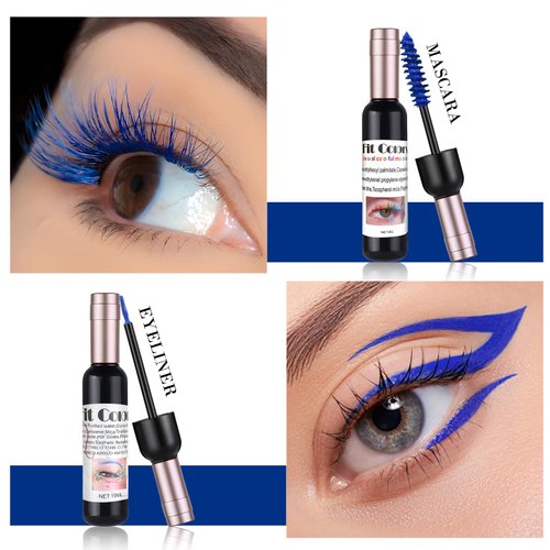 Wugbc Blue Liquid Eyeliner Mascara Set, 2Pcs Colored Wine Bottle Silk Fiber Eye Lash Liner Pencil Makeup, Waterproof Tubing Mascara Volume and Length, Colorful Smudge-Proof Natural Lasting for Women