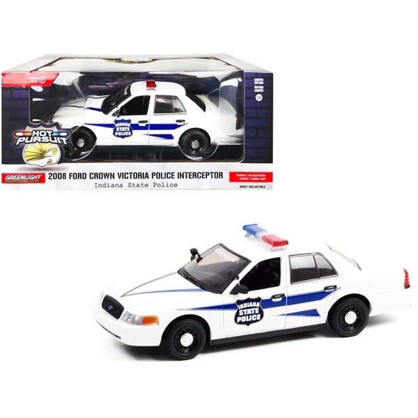 Greenlight 2008 Ford Crown Victoria Police Interceptor White with Dark Blue Stripes Indiana State Police Hot Pursuit Series 1/24 Diecast Model Car
