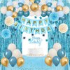 Blue Birthday Decorations for Boys Girls,Light Blue Birthday Party Decorations,Blue Fringe Curtain Happy Birthday Banner Tablecloth Paper Pom Poms Blue Sand White Gold Balloons (Blue Birthday Kit 1)