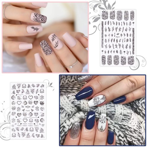 EBANKU 12 Sheets Black White Nail Art Sticker, Leaves Retro Flower Vine Pattern Decals French Classic Simple Self Adhesive Decals, for Girl Women Nails Art DIY Decoration