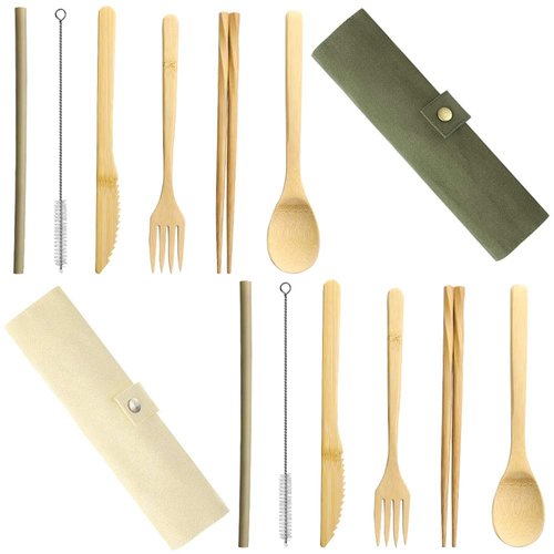 Set of 2, Bamboo Utensils Cutlery, DaKuan Reusable Cutlery Travel Set, Bamboo Spoon, Fork, Knife, Brush, Chopsticks and Straw, Eco-Friendly Portable Utensils With Case
