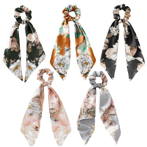 Paisley Silk Hair Scarf Scrunchies, Ribbon Bow Scrunchie with tail, Flower Printed Hair Ribbon Ties, Floral Hair Scrunchies with Ribbon (Flower Pattern)