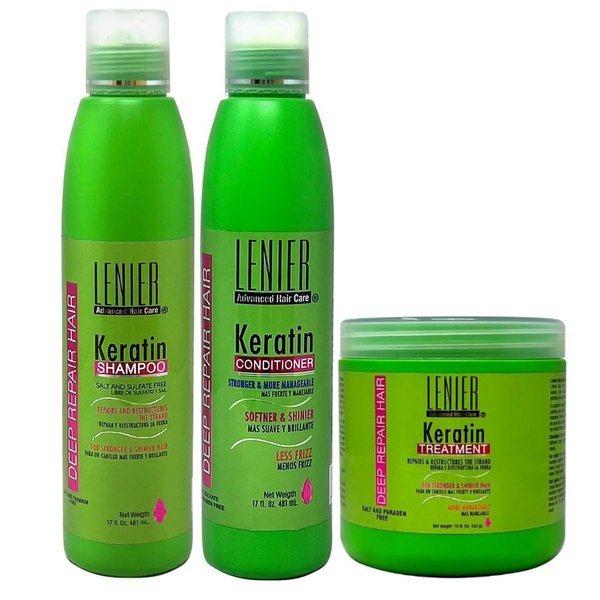 Lenier Keratin Shampoo 17oz + Conditioner 17oz + Treatment 16oz + 3 processing Caps