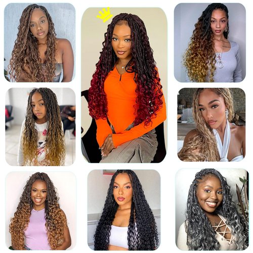 LIYATE Goddess Box Braids Crochet Hair for Women 24 Inch 7 Packs Black Bohemian Crochet Braids with Curly Ends Boho Box Braid Crochet Hair Extensions, 1B