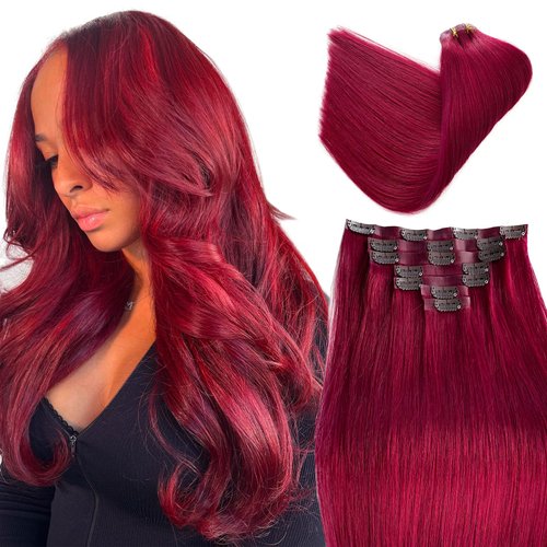 Seamless Clip in Hair Extensions Human Hair, Burgundy Clip in Hair Extensions Real Human Hair Clip in Extensions, 7pcs 100G 14 Inch Ubetta Clip in Hair Extensions Remy Human Hair Extensions for Women