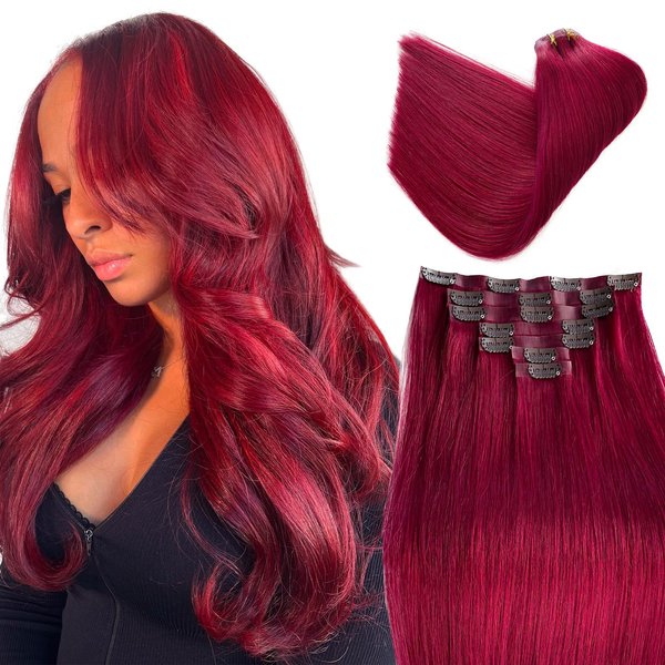 Seamless Clip in Hair Extensions Human Hair, Burgundy Clip in Hair Extensions Real Human Hair Clip in Extensions, 7pcs 100G 14 Inch Ubetta Clip in Hair Extensions Remy Human Hair Extensions for Women