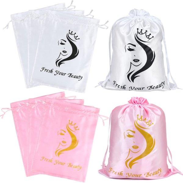 AliLeader 6 Pcs Silk/Satin Wig Storage Bags, Drawstring Travel Bag for Bundles,Wigs,Hair Extensions,Gift(White, Pink)
