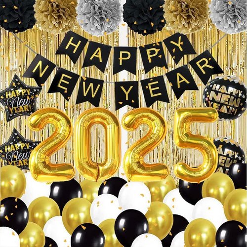 DUILE 2025 Happy New Year Decorations New Years eve Party Supplies 2025 Include Paper Flower New Year Banner Balloons Curtains Foil Star Balloons for Happy New Year Party