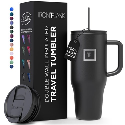 IRON °FLASK Co-Pilot 40 oz Insulated Tumbler w/Straw & Flip Cap Lids - Cup Holder Bottle for Hot, Cold Drink - Leak-Proof- Water, Coffee Portable Travel Mug - Mothers Day Gifts - Midnight Black
