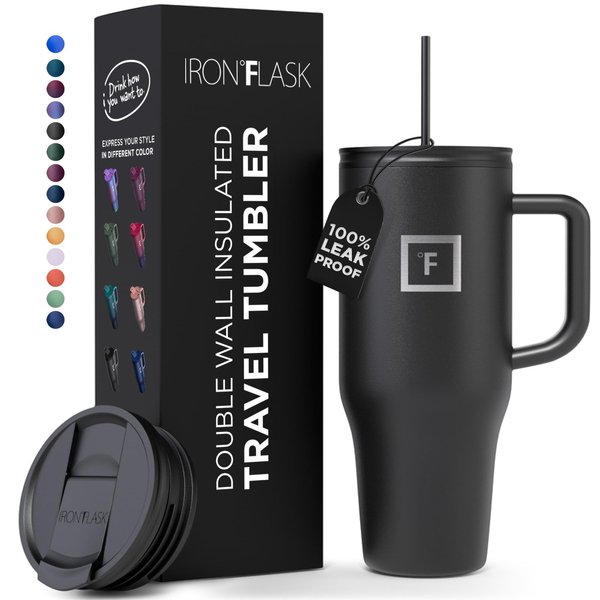IRON °FLASK Co-Pilot 40 oz Insulated Tumbler w/Straw & Flip Cap Lids - Cup Holder Bottle for Hot, Cold Drink - Leak-Proof- Water, Coffee Portable Travel Mug - Mothers Day Gifts - Midnight Black