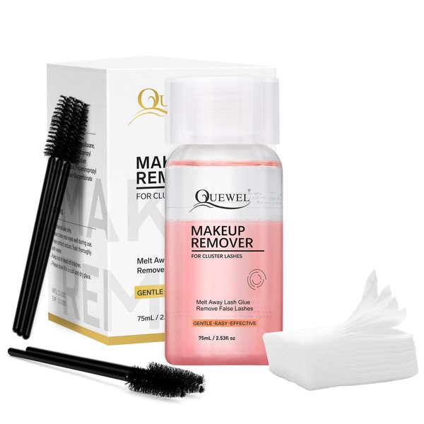 QUEWEL Lash Clusters Glue Remover 75ml Cluster Lashes Remover with Cotton Pads& Brushes Eye Remover for Eyelash Clusters Gentle Water-Oil Texture DIY Lash Extensions Remover