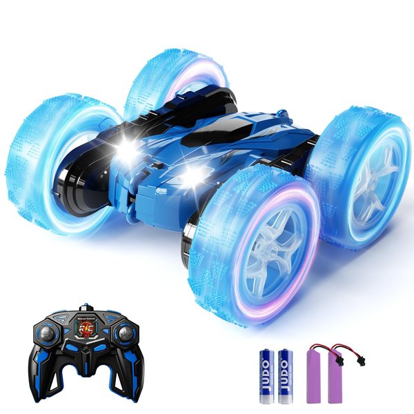 Remote Control Car for Kids, RC Cars Stunt Car Toys for Age 6-12, 4WD 2.4Ghz Double Sided 360° Rotating Crawler Car with Headlights Wheel Lights, Halloween Birthday Gift for Boys Girls, Blue