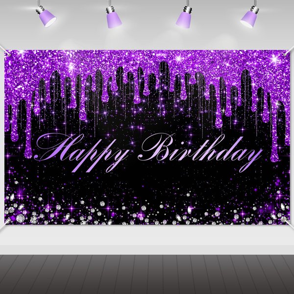 Avezano Purple Happy Birthday Banner for Women Girls Purple and Black Happy Birthday Party Decorations Glitter Diamonds Sweet 16 18th 21th Birthday Party Supplies 70.8 x 43.3 Inch