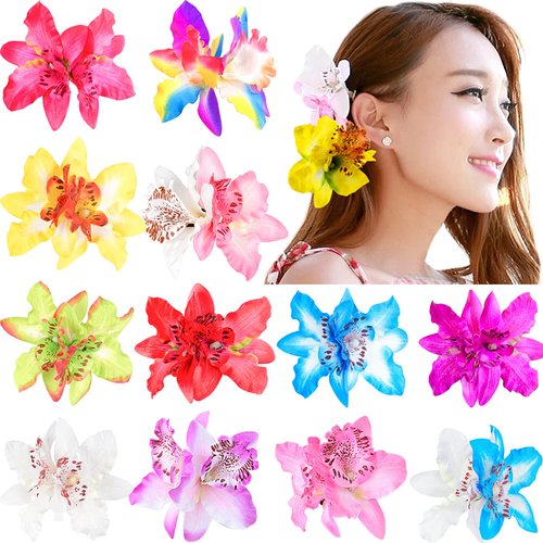 JOYOYO 12 Colors Multicolor Women Big Double Chiffon Orchid Flower Bohemian Flowers Hair Clip for Bridal Wedding Accessory Hairclip Hair Pins Hair Barrette Accessories