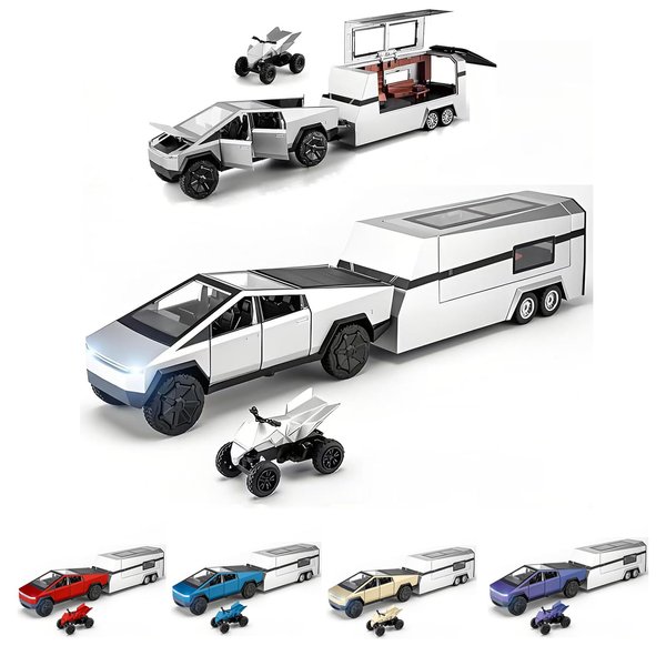 Cybertruck Toy Truck with RV Motorcycle Cyberquad Alloy Die-cast Model Car Pickup Truck 1/32 Toy Race Cars with Sound and Light Effect Ideal Gift for Kids Friends Age for 6 Year and Up