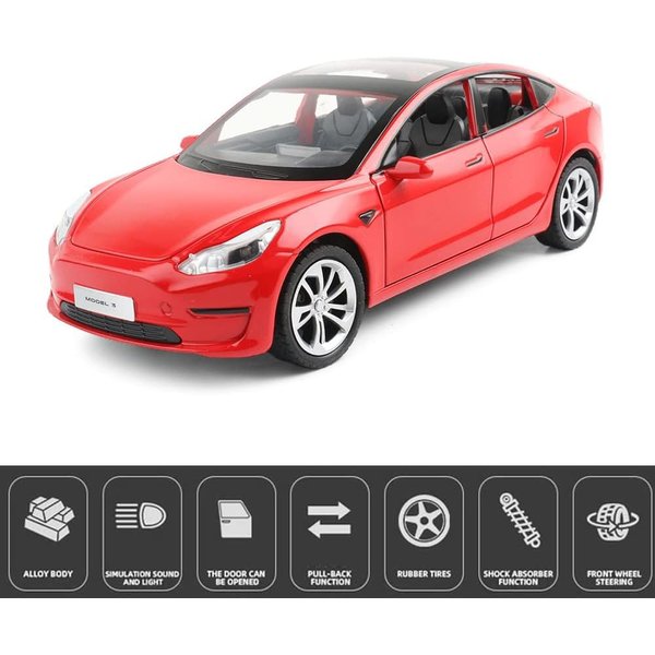 1:24 Scale Model 3 Alloy Car Model Diecast Toy Vehicles for Kids, Car Model Toy，Pull Back Alloy Car with Lights and Music,Gifts for Boys and Girls.(1:24 Model 3 -Red)