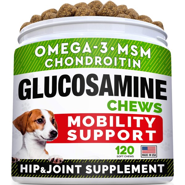 Glucosamine Treats for Dogs - Joint Supplement w/Omega-3 Fish Oil - Chondroitin, MSM - Advanced Mobility Chews - Joint Pain Relief - Hip & Joint Care - Chicken Flavor - 120 Ct - Made in USA