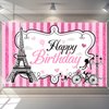 Paris Happy Birthday Backdrop Eiffel Tower Photography Background Paris Party Decorations Sweet Pink Stripes Birthday Party Supplies Party in Paris Dessert Table Decorations, 5.9 x 3.6 ft