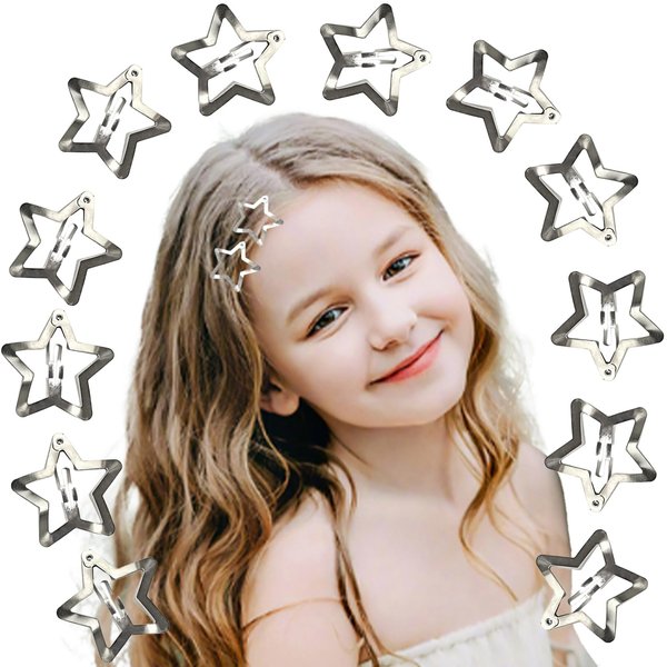 UGWkivd 30pcs Star Hair Clips Silver,Hair Accessories Y2K 2000s,Snap Metal Hair Clips 1.22'',Small Cute Non Slip Hair Barrettes, Kawaii Hair Clips for Women Girls