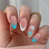 Press on Nails Short Almond Fake Nails with Fresh Simple blue&white flowers Design Glue on Nails Acrylic Nails Decorate False Nails with Glue French Oval Stick on Nails For Women Girls 24Pcs