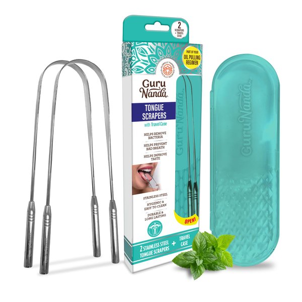 GuruNanda Tongue Scraper, Stainless Steel for Oral Hygiene, Bad Breath Treatment, Medical Grade 100% Cleaner with Travel Case Adults & Kids, Silver, 2 Count (Pack of 1) U Shaped