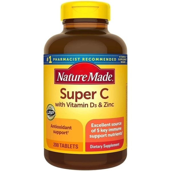 Nature Mades Super C with Vitamin D3 and Zinc, 200 Tablets Bundle - Adult Multi & Letter Vitamins Herbals & Dietary Supplements for Immune System