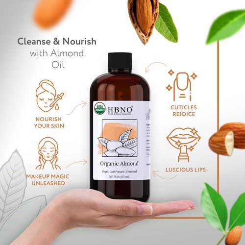 HBNO Organic Almond Oil - 16 OZ (475 ml) Value Size - Natural Almond Oil, Cold Pressed - Perfect Carrier Oil for Massage, Aromatherapy, DIY, Soap Making, Face, Body, Lips, Hair, Nails