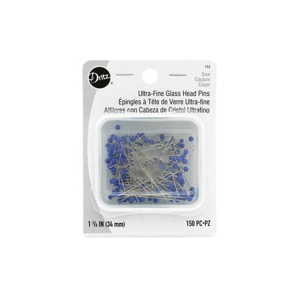 Dritz 172 Glass Head Pins, Ultra Fine, 1-3/8-Inch (150-Count) , Blue