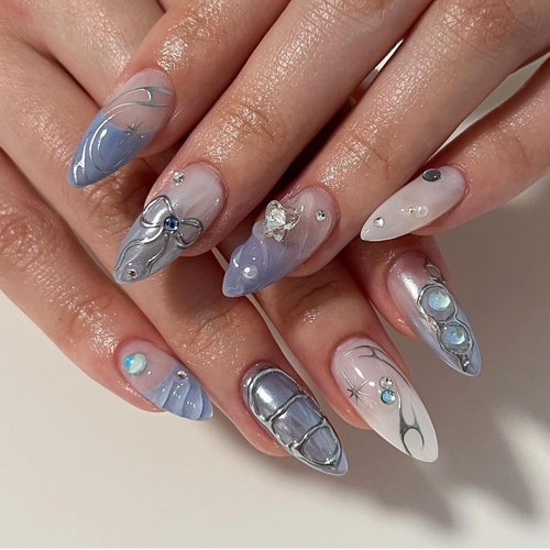 Press on Nails Medium Almond False Nails 3D Bow Tie Fake Nails Artificial Acrylic Nails y2k Silver Starburst Rhinestones Design French Nails Full Cover Reusable Coffin Nails Glue on Nails for Women